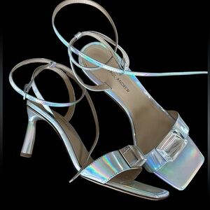 Paul David Silver Holographic Open Toe Strappy Square Toe Heels 38
